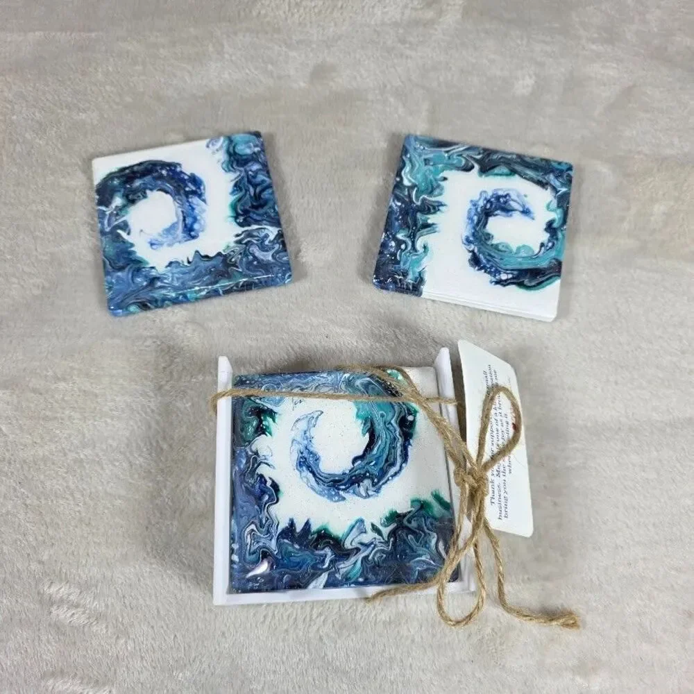 Original Pour Paint Set 4 Ceramic Coasters Hand Poured Wave Painting Blue White - Picture 2 of 7
